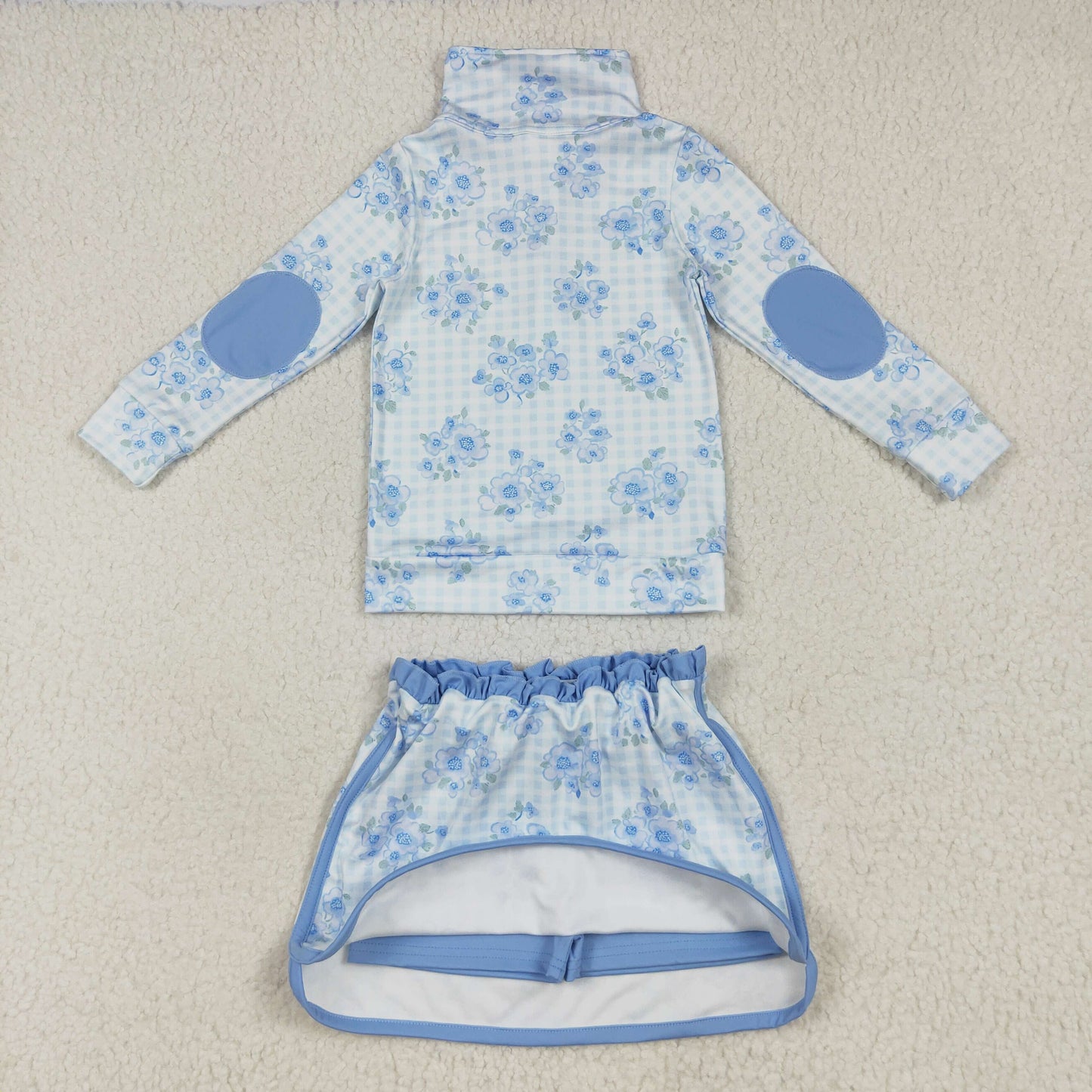 GLD1097 yoga blue flowers checkered zipper long sleeve skirt skorts girls set
