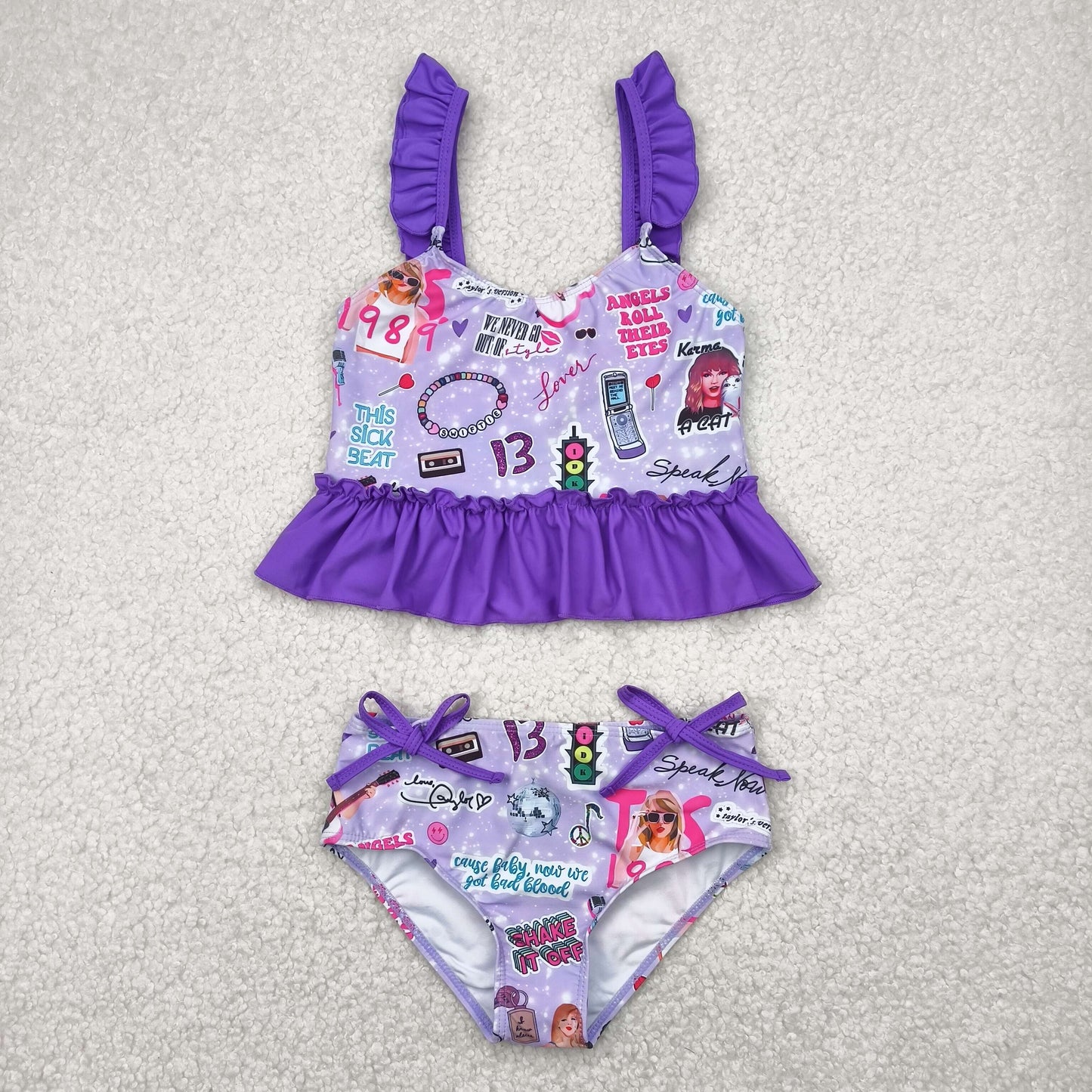 S0389 country singer TS purple flutter sleeve girls 2pcs swimsuits