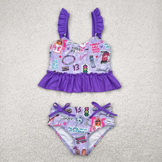 S0389 country singer TS purple flutter sleeve girls 2pcs swimsuits