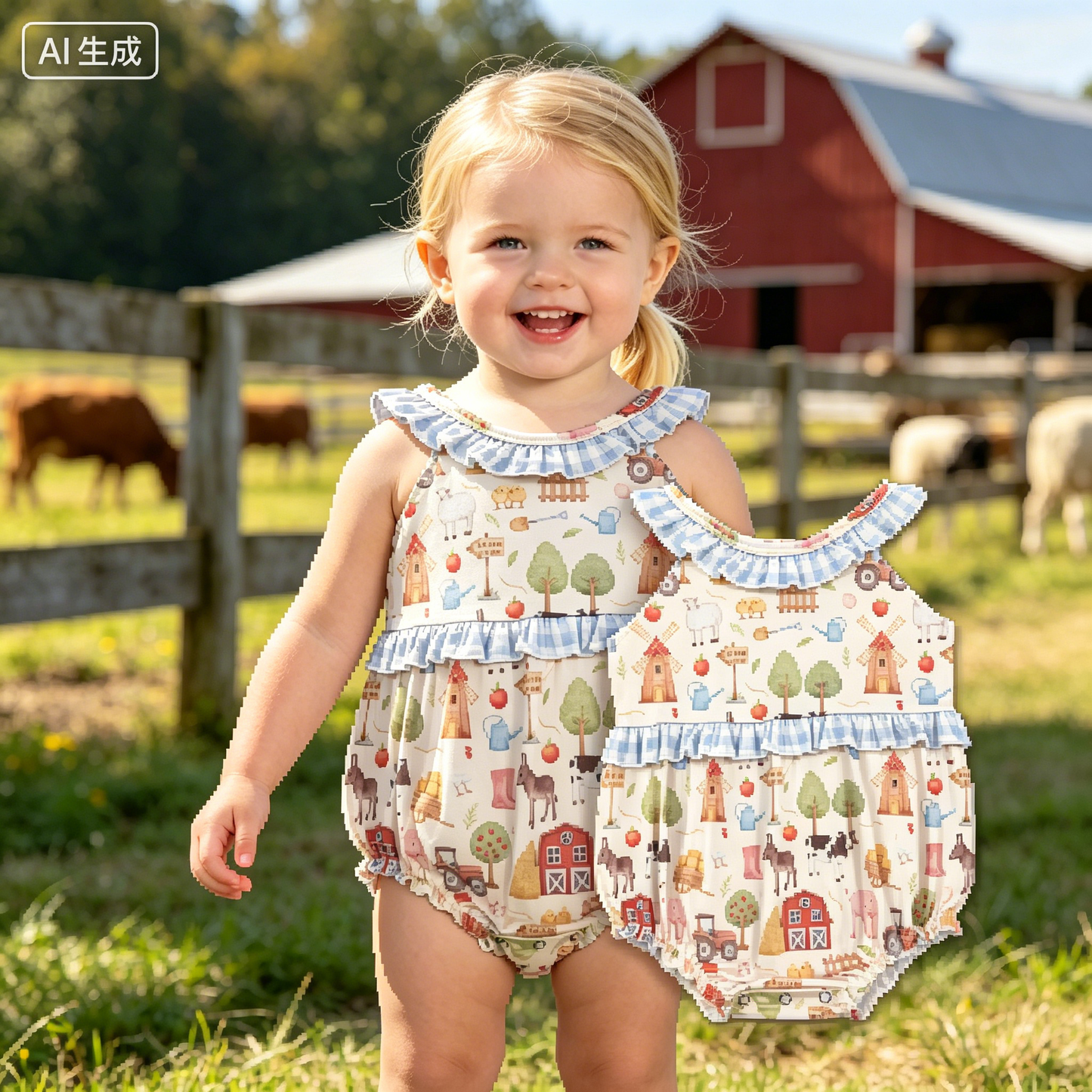 SR3852 Farm House Animals Girls Romper