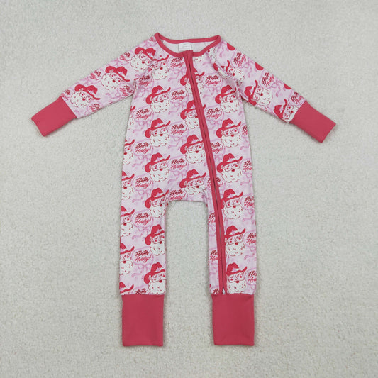 LR2243 Christmas Western Santa howdy hot pink zipper long sleeve girls romper