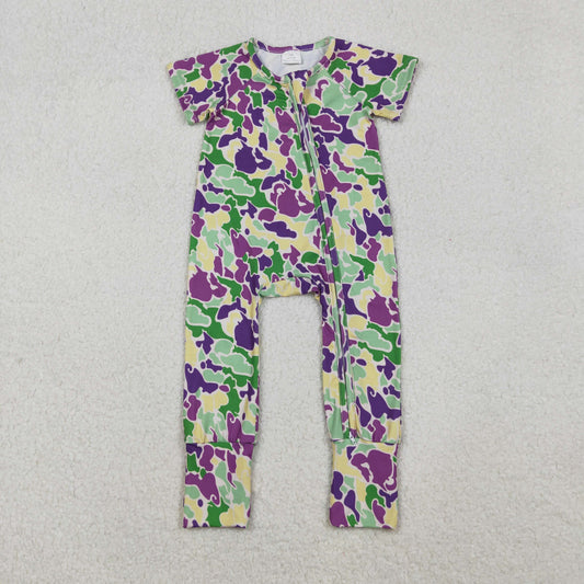 SR3211 Mardi Gras purpe yellow green zipper short sleeve boys romper