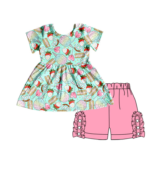 Preorder Heart candy Strawberry Cake Blue Short Sleeve Pink Shorts Girls Set