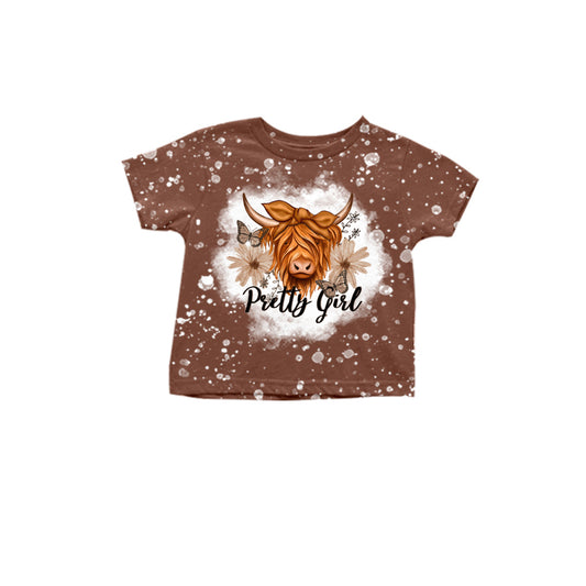 custom Moq 3 Pretty Girl Western Highland Cow Brown Short Sleeve Girls T-shirt