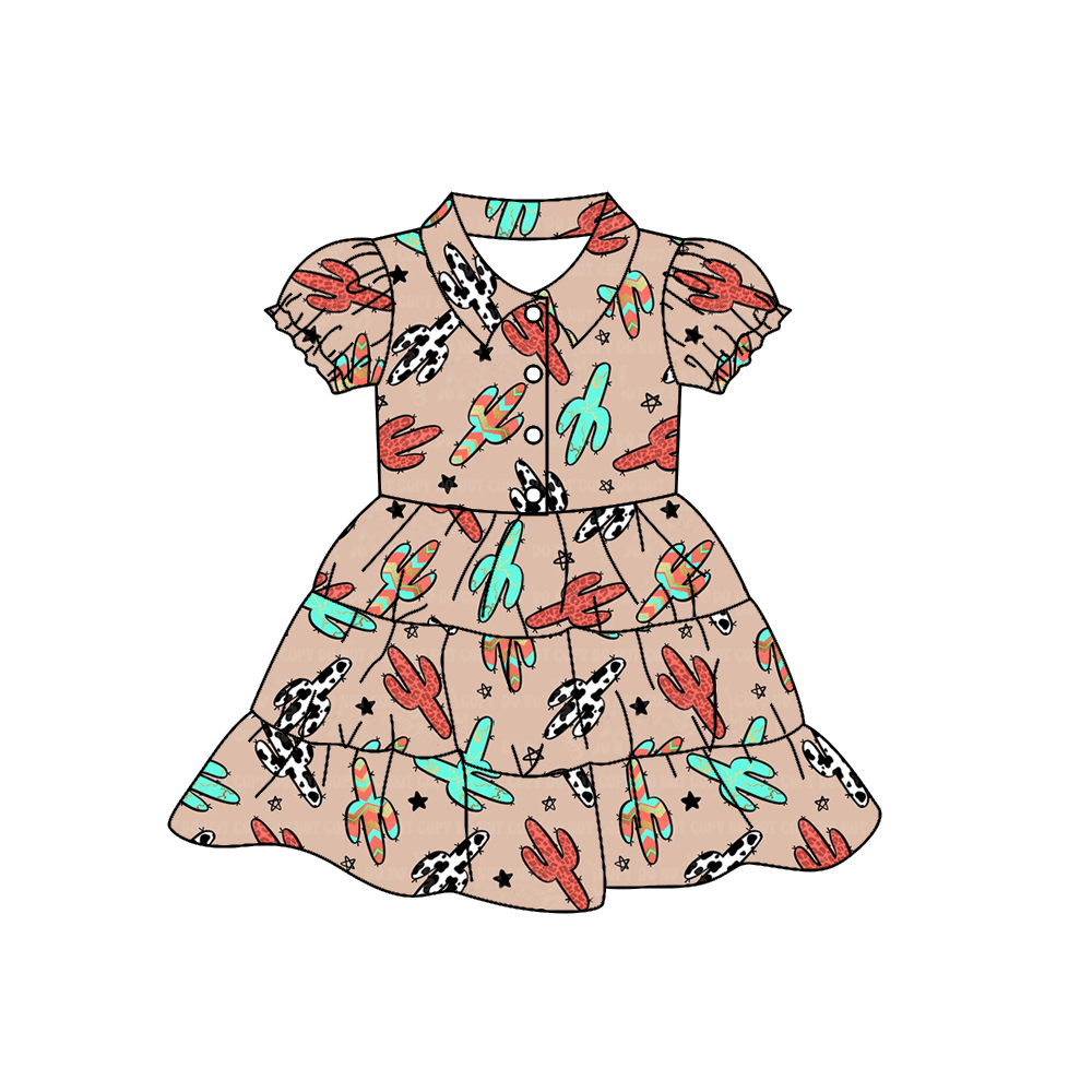 preorder GSD0410 Western Colorful Cactus Star Brown Girls Summer Dress