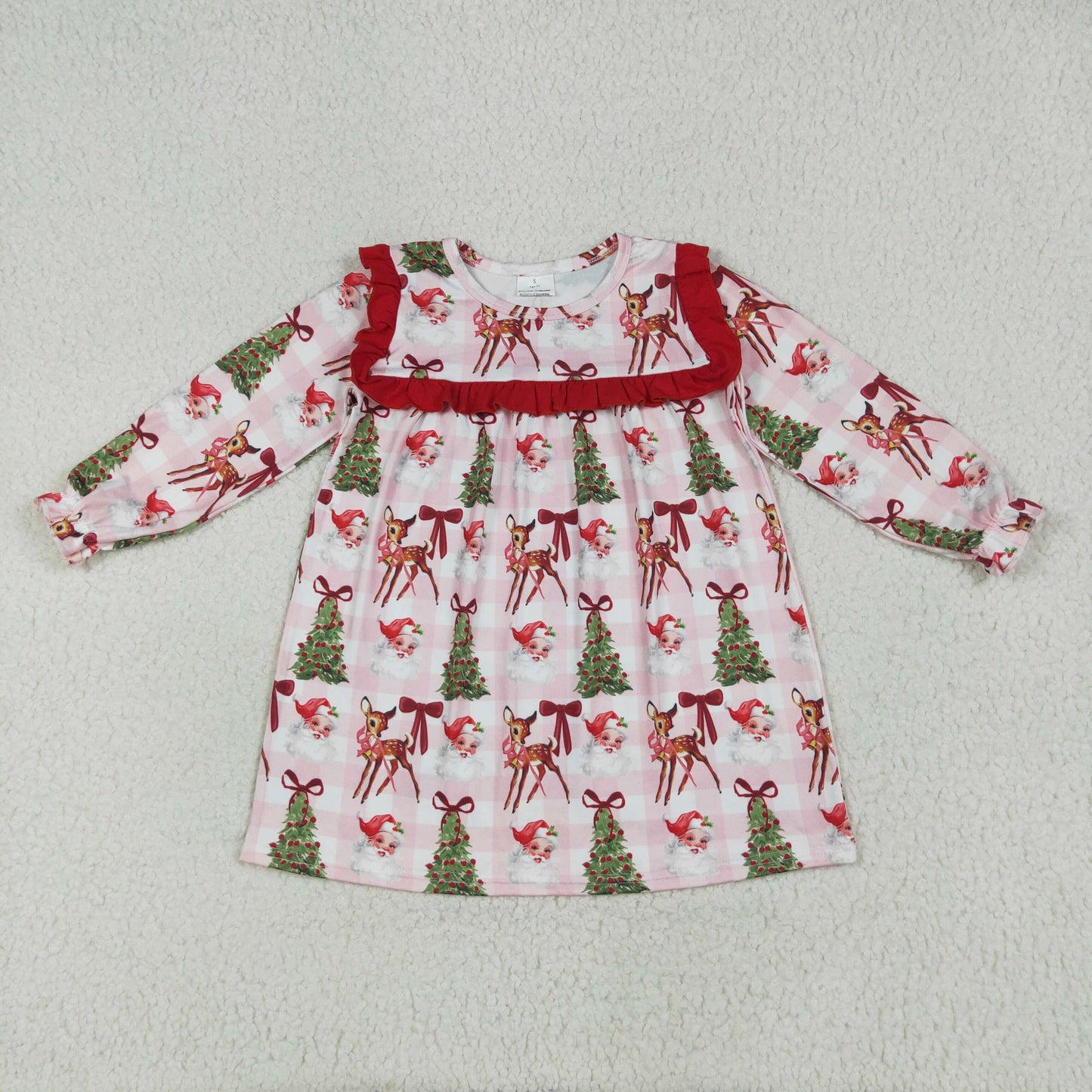 GLD1092 Christmas Santa deer bows tree pink long sleeve girls dress