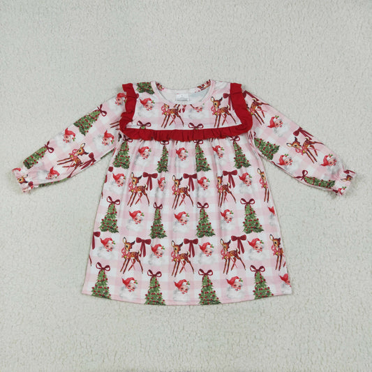 GLD1092 Christmas Santa deer bows tree pink long sleeve girls dress