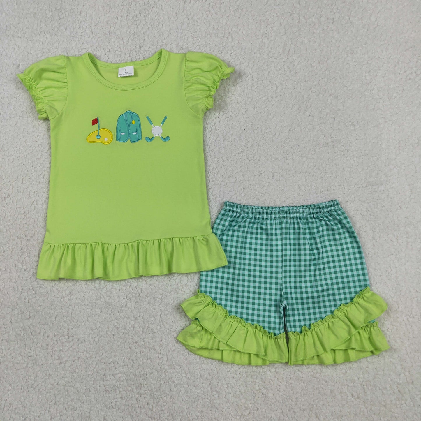 Embroidery GSSO3033 Golf Yellow Short Sleeve Green Checkered Shorts Girls Set