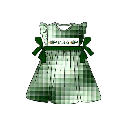 custom style EAGLES green checkered flutter sleeve girls dress moq 3