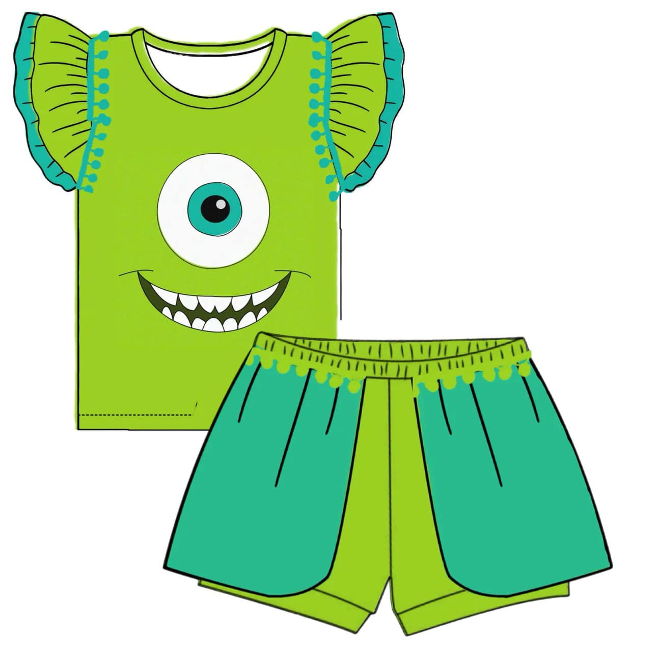 custom style cartoon monster green flutter sleeve shorts girls set tat 6-8 weeks