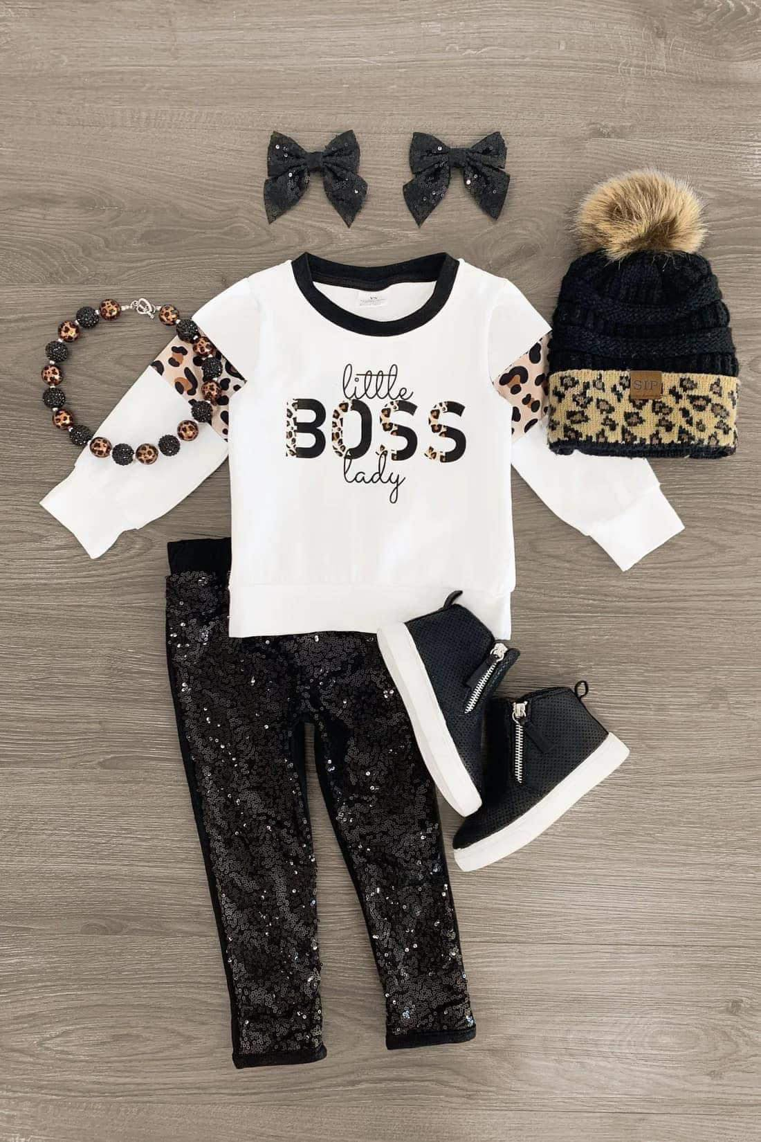 custom moq 3 Little Boss White Long Sleeve Black Sequin Pants Girls Set