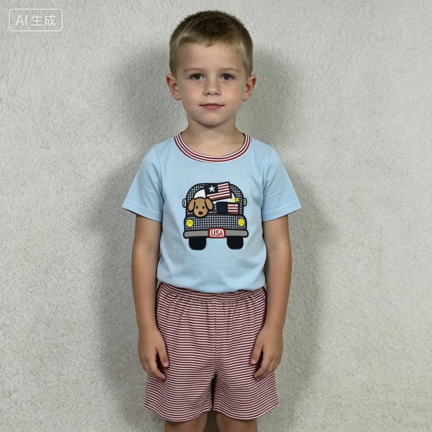 Embroidery BSSO1918 July 4th Dog Truck Blue Short Sleeve Red Shorts Boys Set