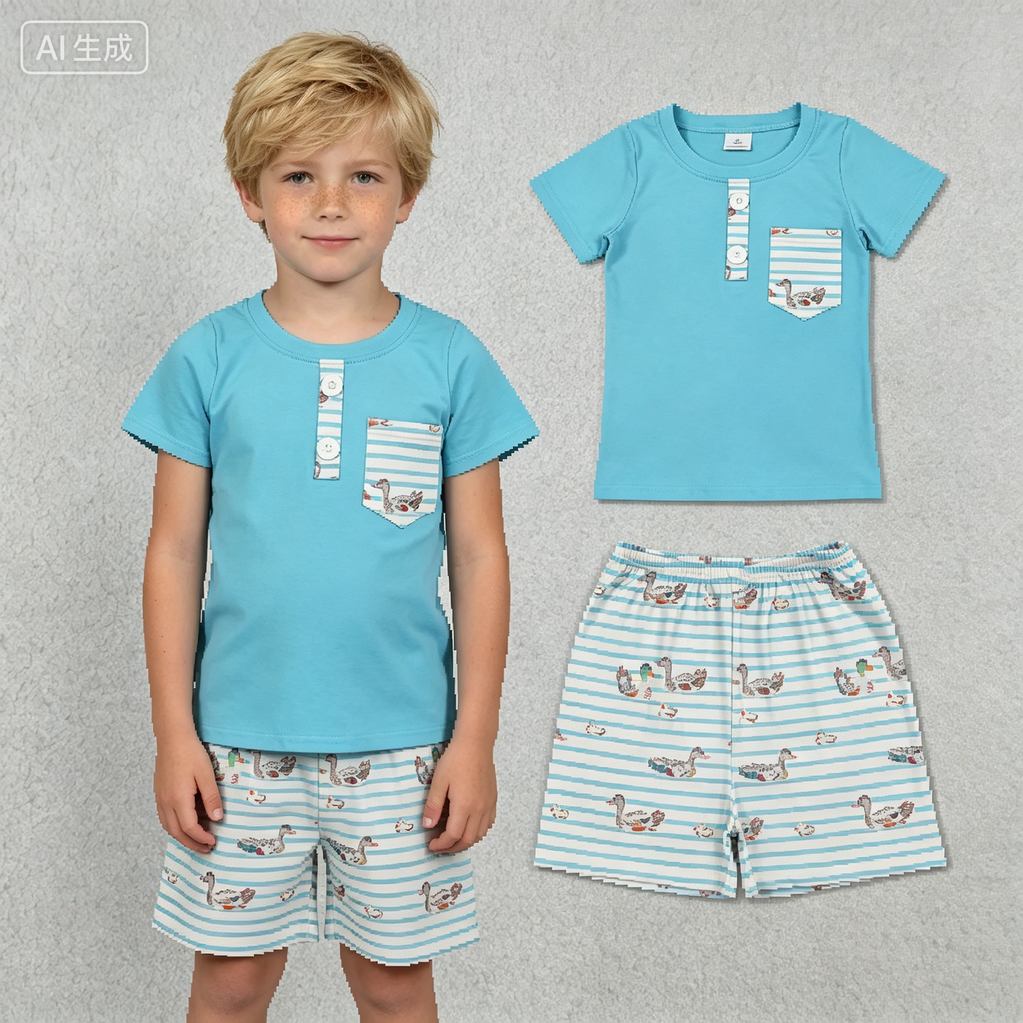 BSSO1802 Hunting Mallard Duck Pocket Blue Short Sleeve Shorts Boys Set