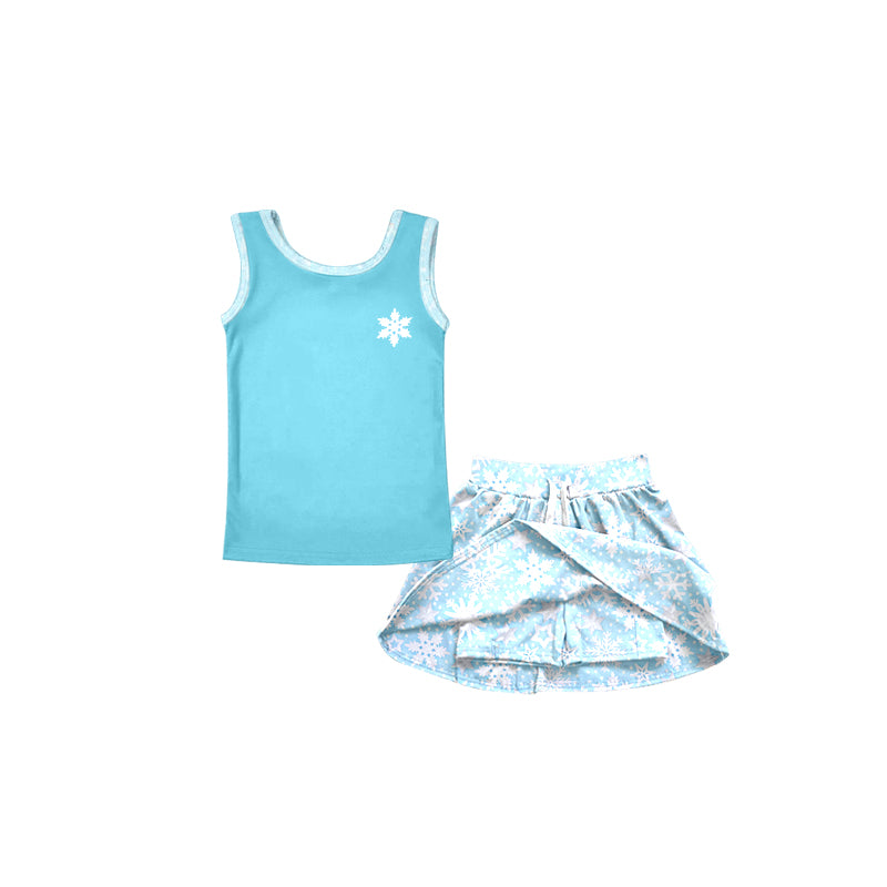 Custom Moq 3 Cartoon Princess Blue Sleeveless Snowflake Skirt With Shorts Girls Set