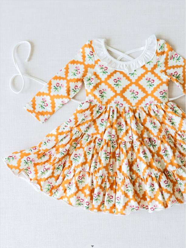 custom Flowers orange lace long sleeve girls dress