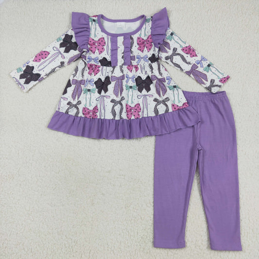GLP2528 Halloween black purple bows long sleeve purple pants girls set
