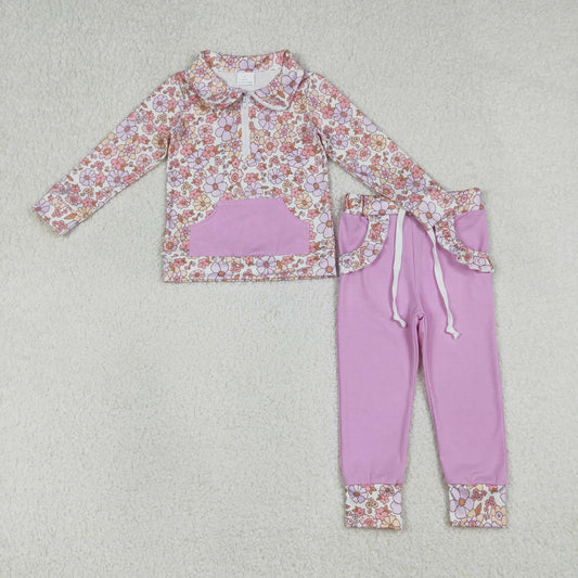 GLP3281 Flowers Floral Pocket Zipper Long Sleeve Yellow Pants Girls Set