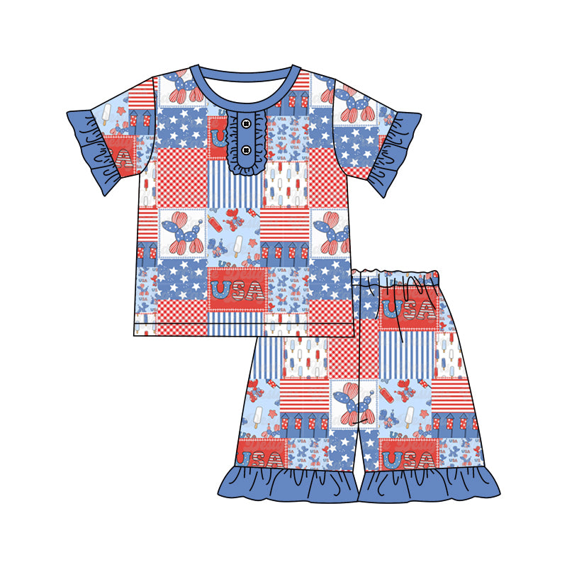 Custom Moq 3 July 4th USA Pet Star Red Blue Short Sleeve Shorts Girls Buttons Pajamas