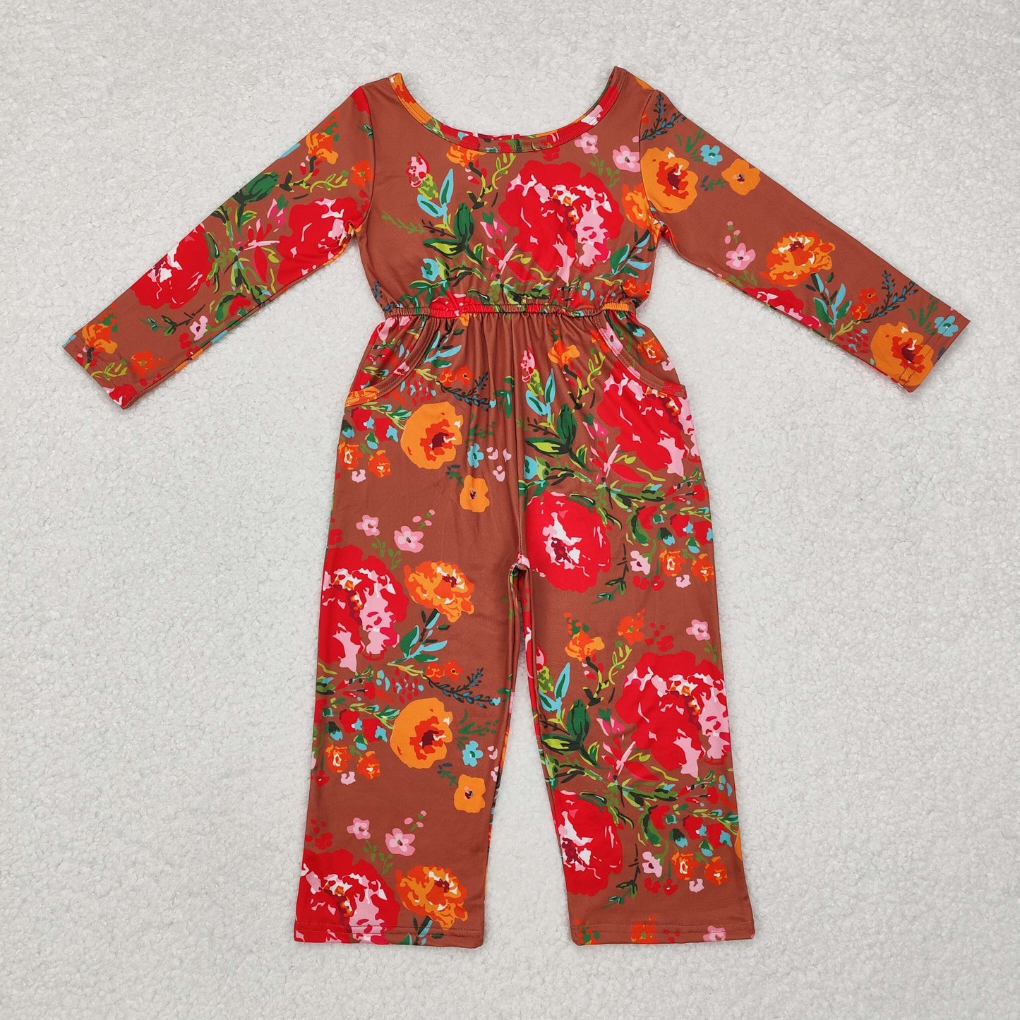LR1834 red orange flowers brown long sleeve girls jumpsuits