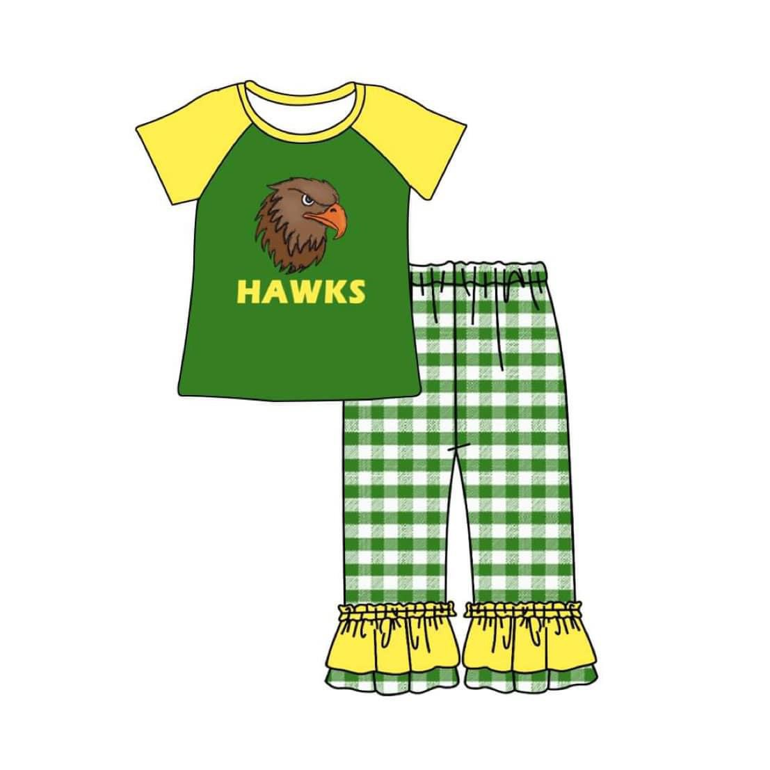 custom S hawks eagle green short sleeve green checkered pants girls set
