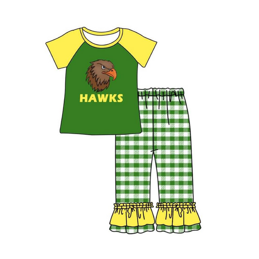 custom S hawks eagle green short sleeve green checkered pants girls set