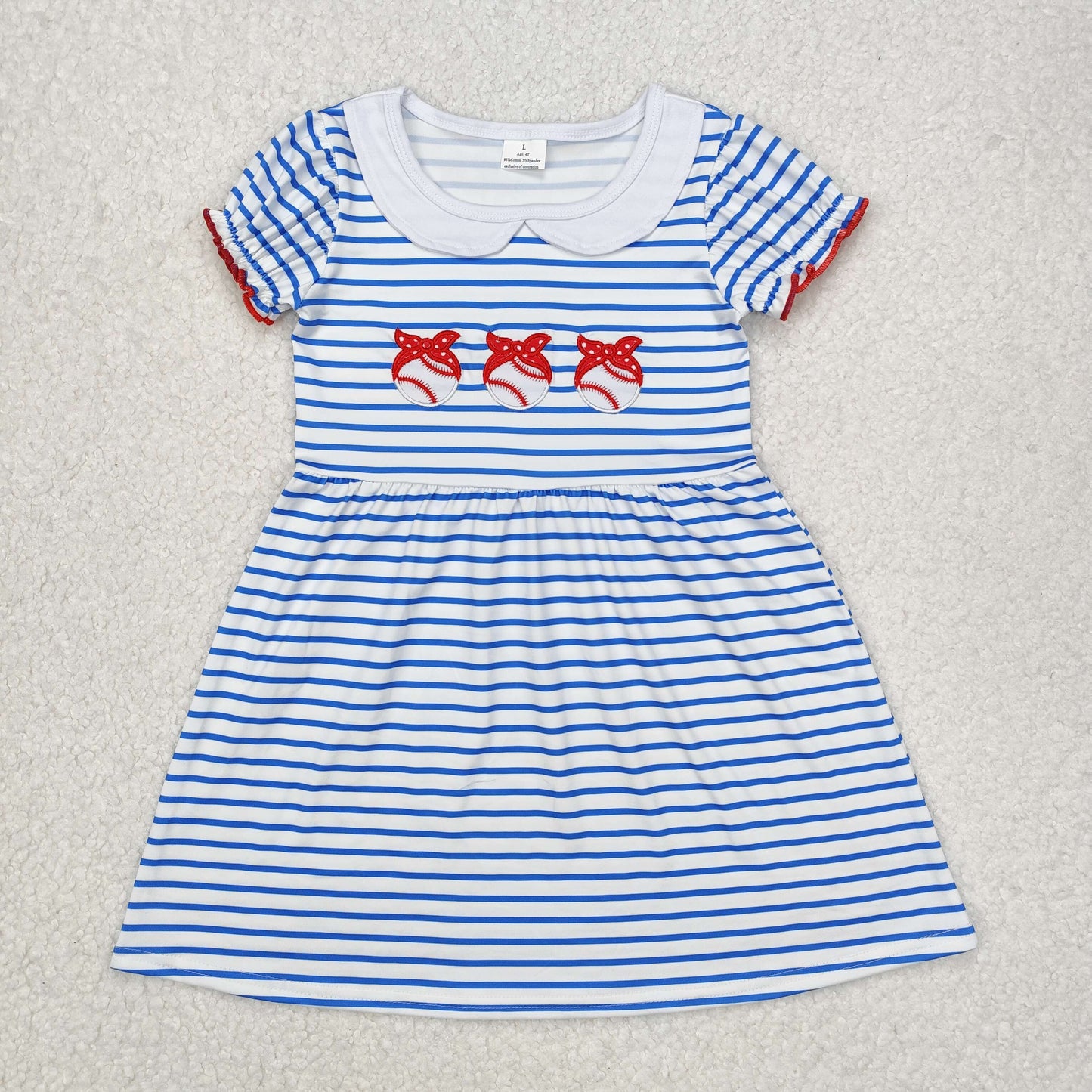 embroidery GSD1436 cute baseball blue striped short sleeve girls dress