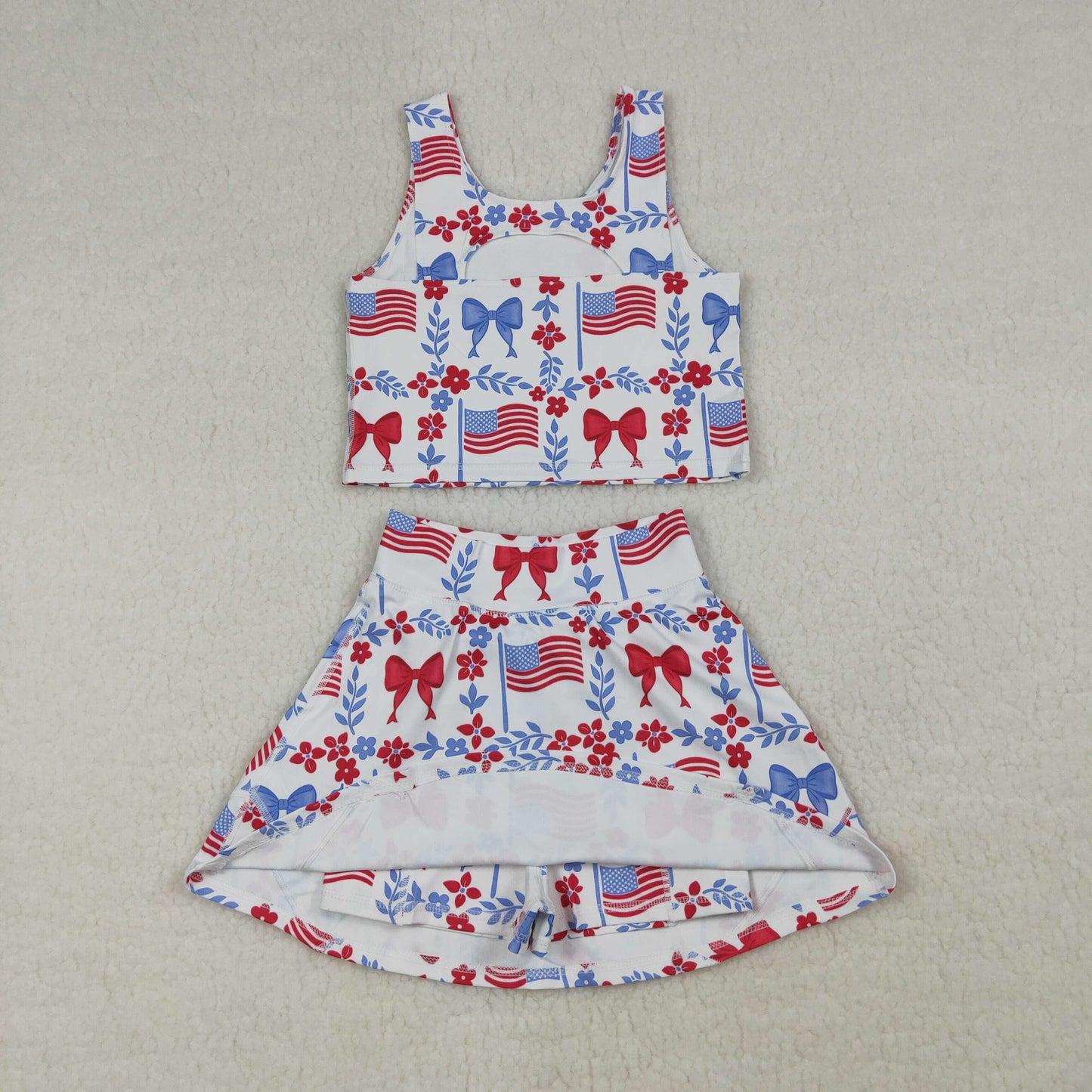 GSD3499 Yoga July 4th Flag Bows Flowers Sleeveless Skorts Girls Set