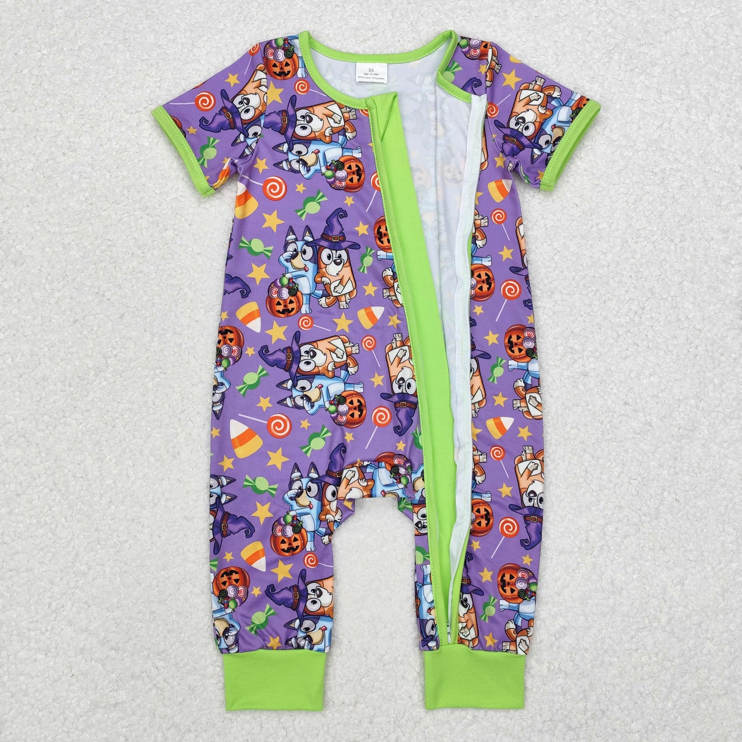 SR1803 Halloween blue dog purple short sleeve girls zipper romper