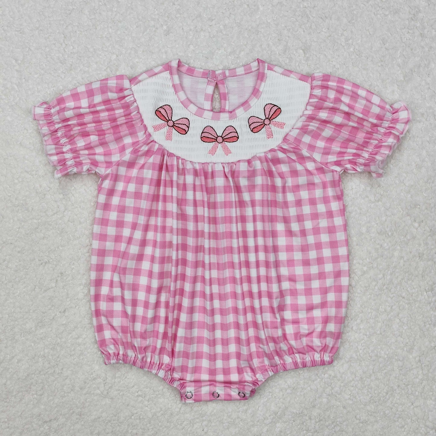 embroidery SR2325 cute bows pink checkered smocked short sleeve girls romper