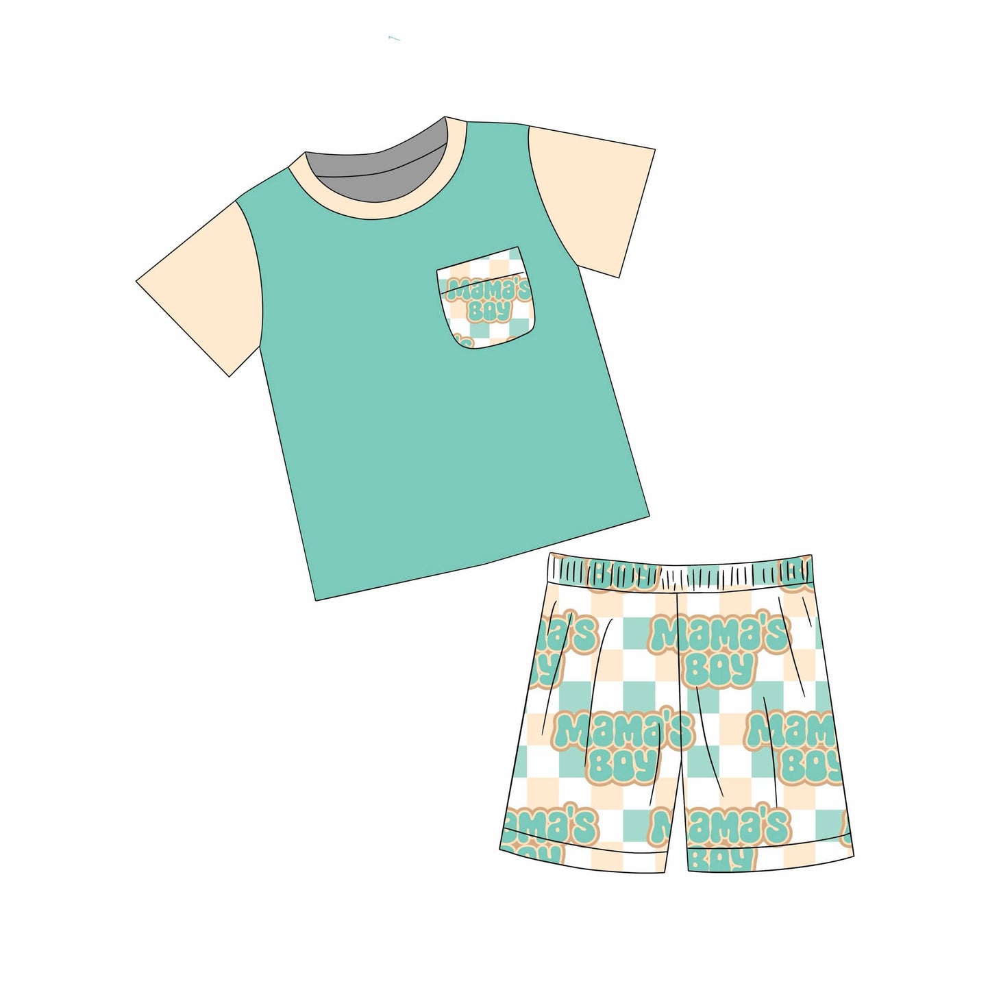 custom mama's boy pocket green short sleeve shorts boys set