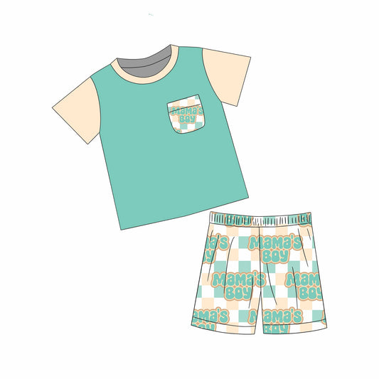 custom mama's boy pocket green short sleeve shorts boys set