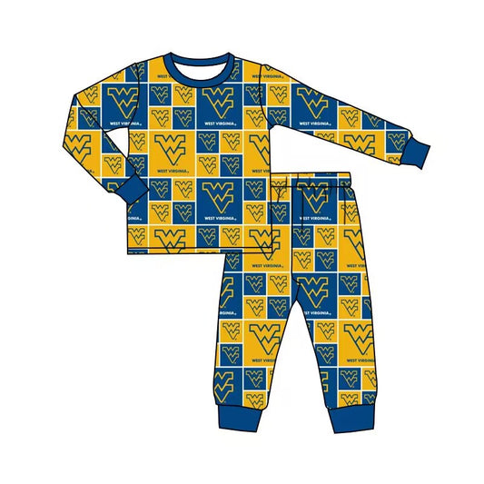 custom S football WV blue yellow checkered long sleeve pants boys pajamas