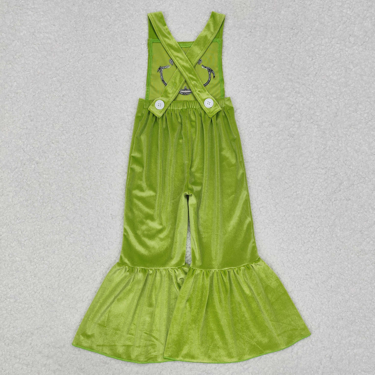 embroidery SR2013 Christmas green face green velvet girls jumpsuits