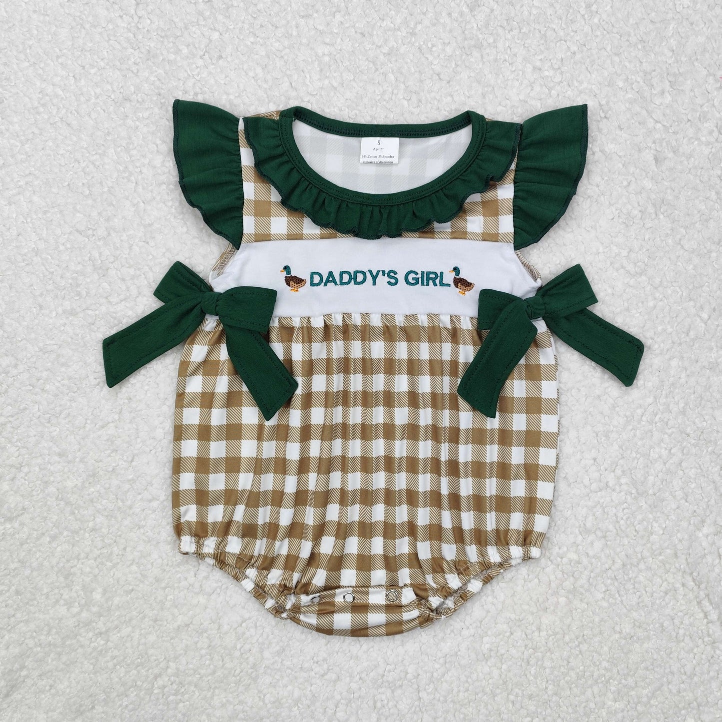 embroidery SR2304 hunting daddy's girl mallard green checkered bows flutter sleeve girls romper
