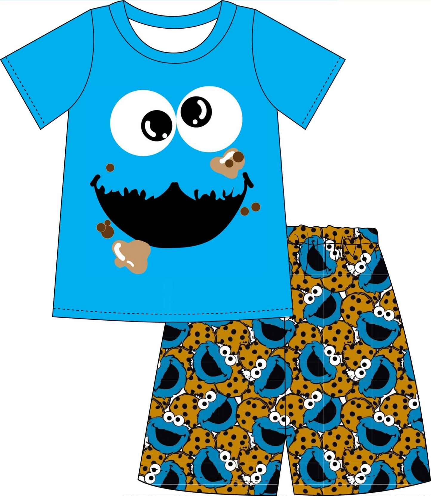 custom style cartoon bear cookie blue short sleeve shorts boys set tat 6-8 weeks