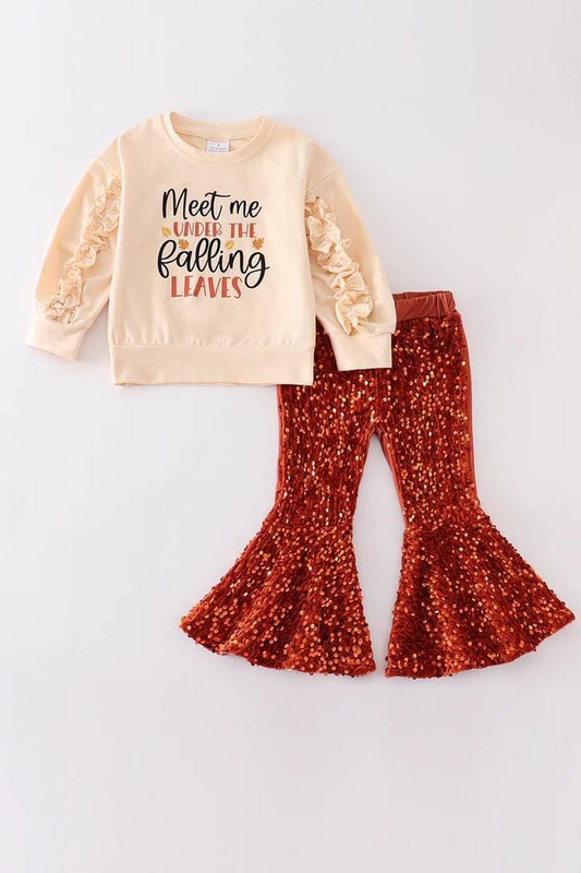 Custom S 10.3 Meet me ruffles long sleeve orange sequin pants girls set