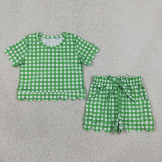 GSSO3840 Scallop Green Checkered Short Sleeve Shorts Girls Set