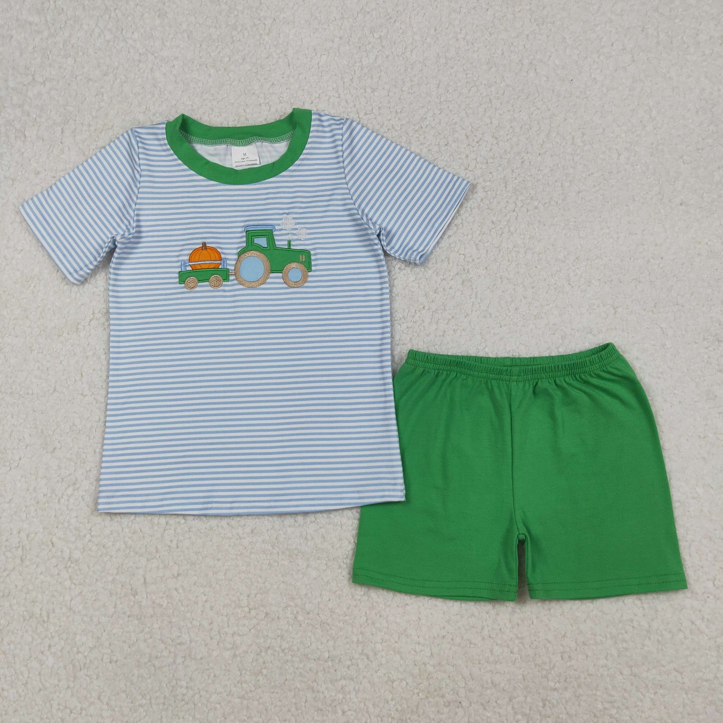 embroidery BSSO1549 Autumn pumpkin truck blue striped short sleeve green shorts boys set