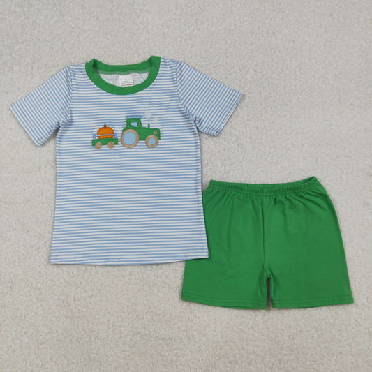 embroidery BSSO1549 Autumn pumpkin truck blue striped short sleeve green shorts boys set
