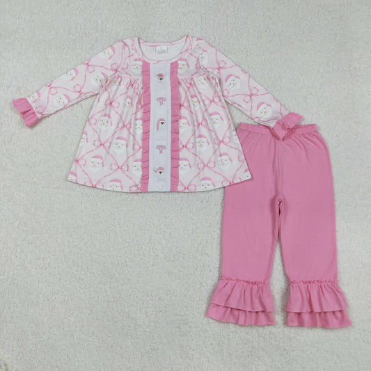 embroidery GLP2364 Christmas Santa pink bows long sleeve pink pants girls set