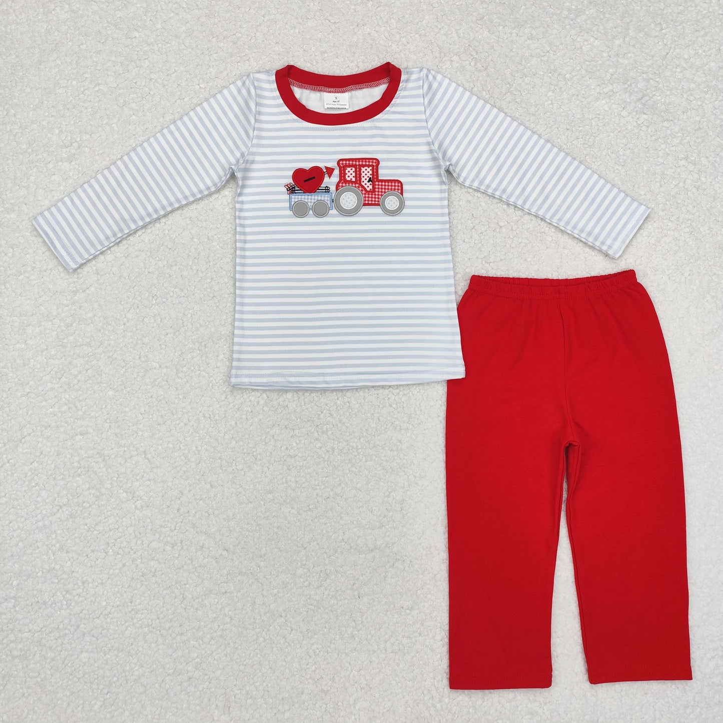 embroidery BLP0932 Valentine Day heart truck striped long sleeve red pants boys set