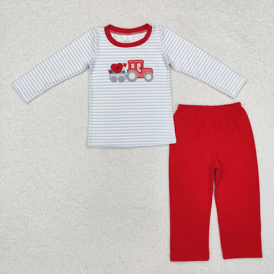 embroidery BLP0932 Valentine Day heart truck striped long sleeve red pants boys set