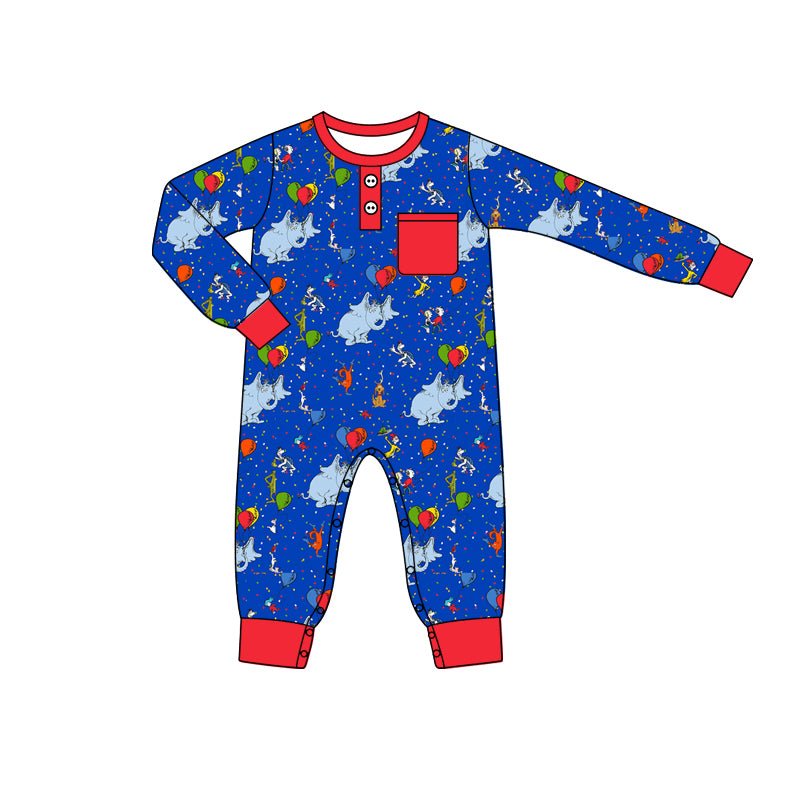 custom moq 3 Christmas green face elephant balloon blue pockets long sleeve boys romper