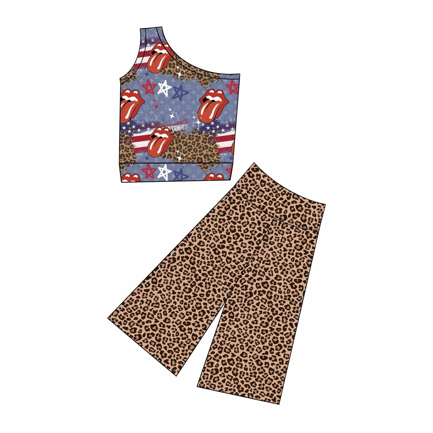 custom July 4th flag star sleeveelss leopard pants girls set