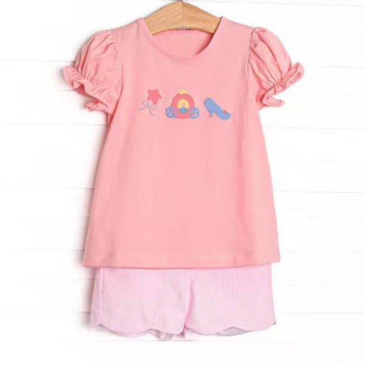 preorder GSSO3387 Cartoon Princess Pink Short Sleeve Shorts Girls Set