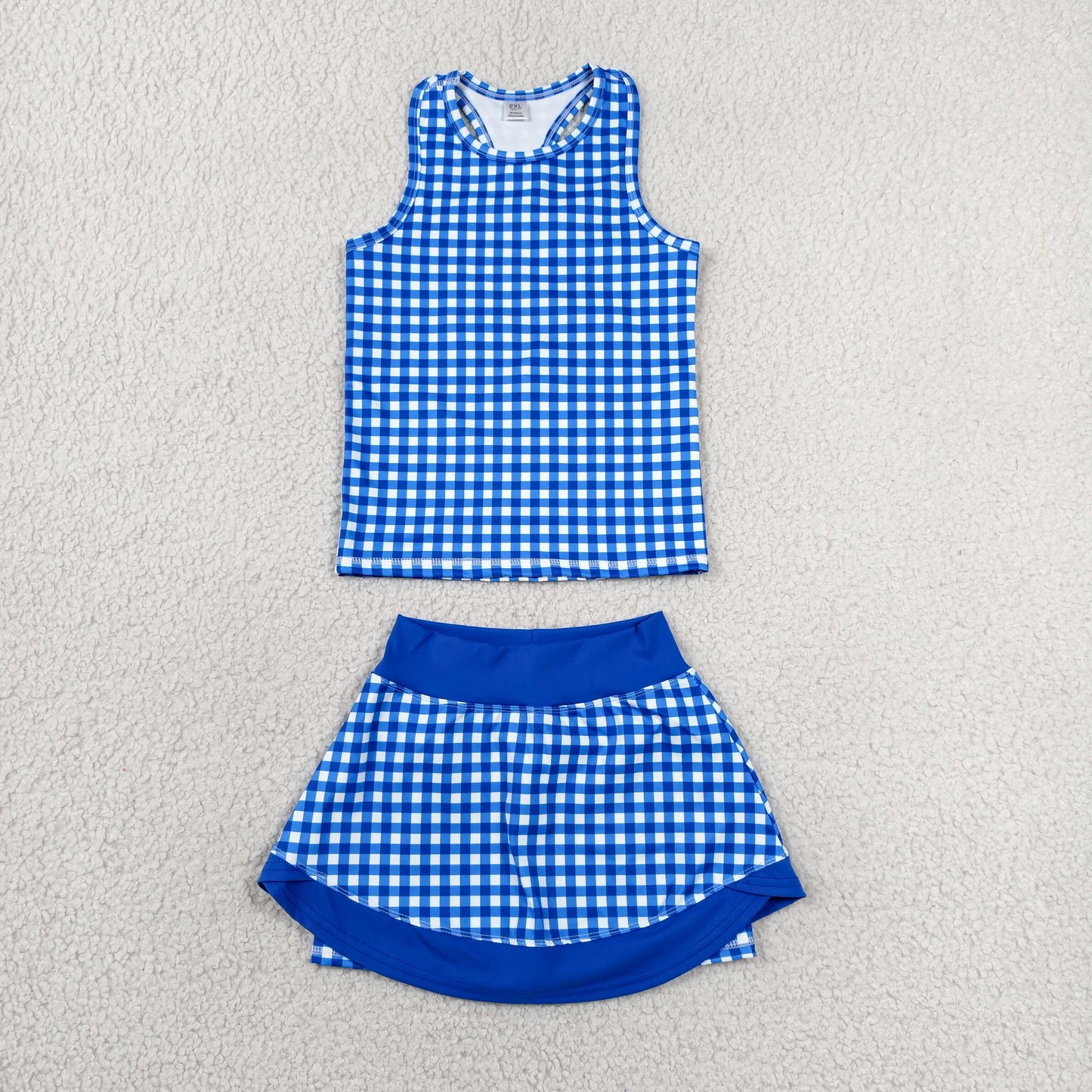 GSD3652 Yoga Blue Checkered Sleeveless Skorts Girls Set