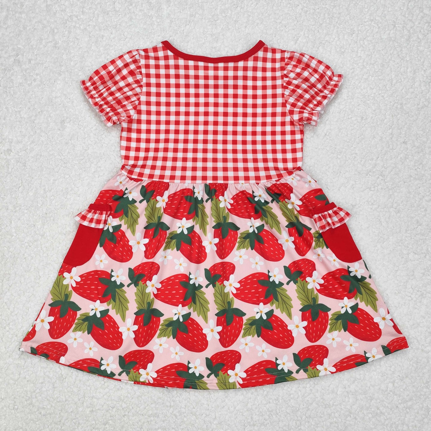 GSD1612 red strawberry flowers checkered short sleeve girls dress