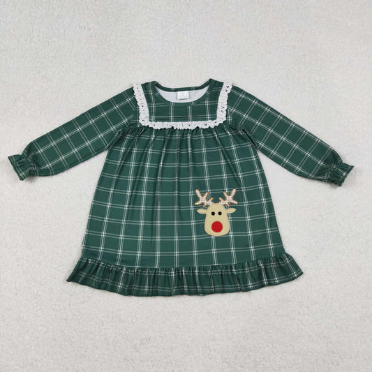 embroidery GLD0561 Christmas deer green long sleeve girls dress