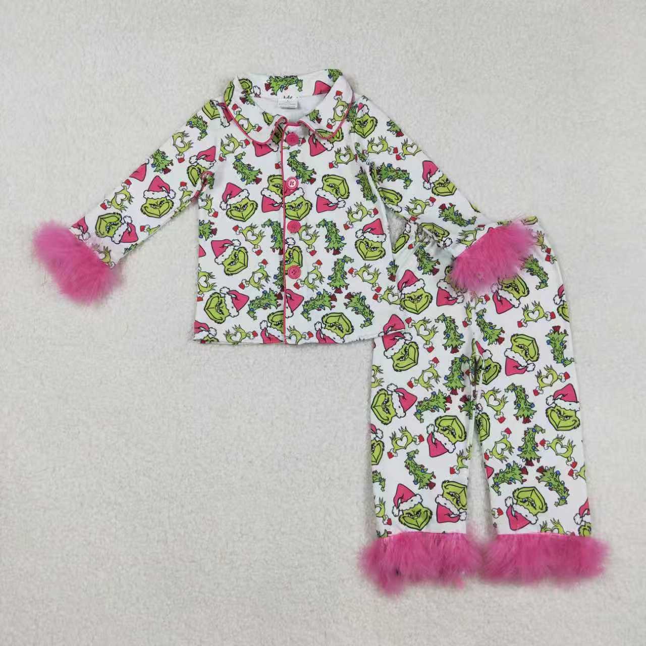 Christmas greem face fur pajamas mama and me RTS sibling clothes