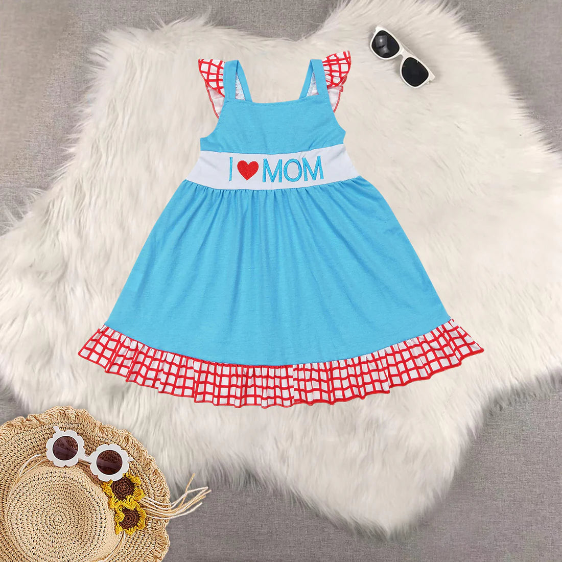 embroidery i love mon blue dress/romepr sibling clothes RTS